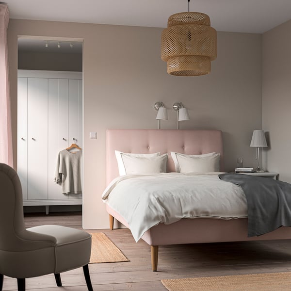 IDANÄS Upholstered bed frame, Gunnared pale pink, Standard Double