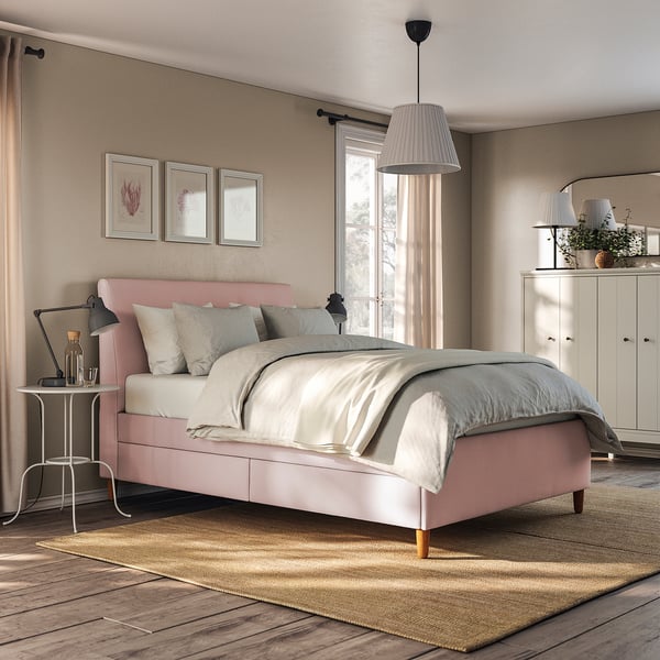 IDANÄS Upholstered storage bed, Gunnared pale pink, Standard Double