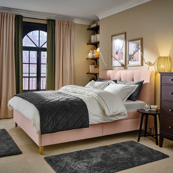 IDANÄS Upholstered storage bed, Gunnared pale pink, Standard Double