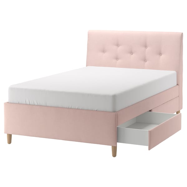 IDANÄS Upholstered storage bed, Gunnared pale pink, Standard Double
