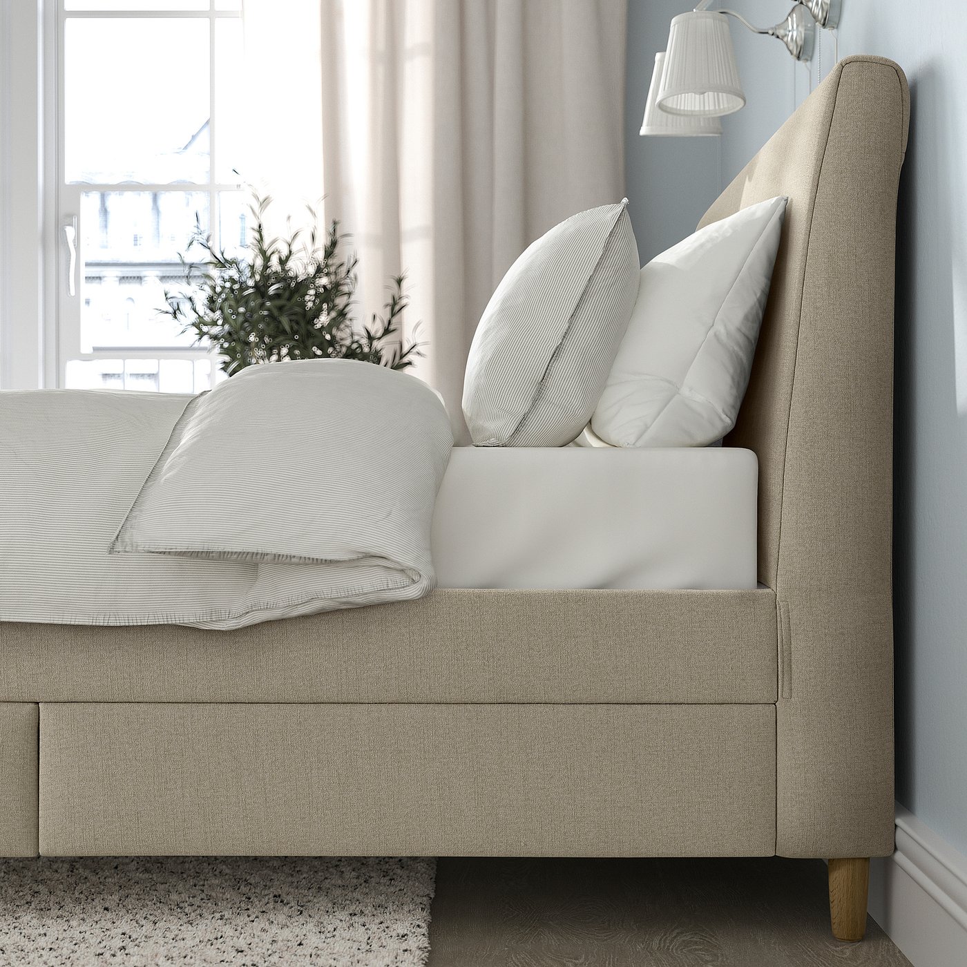 IDANÄS Upholstered storage bed - Naggen beige Standard King