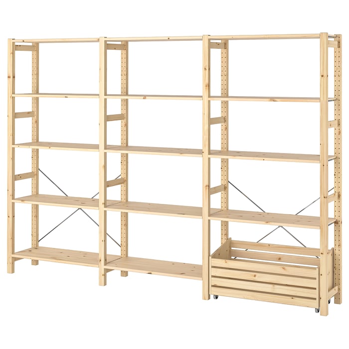 IVAR Shelving unit with storage box, pine, 259x30x179 cm IKEA