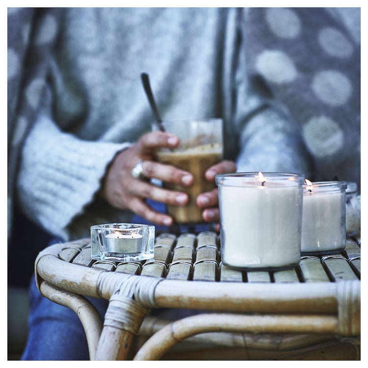 JÄMLIK scented candle in glass, Vanilla/light beige, 20 hr IKEA