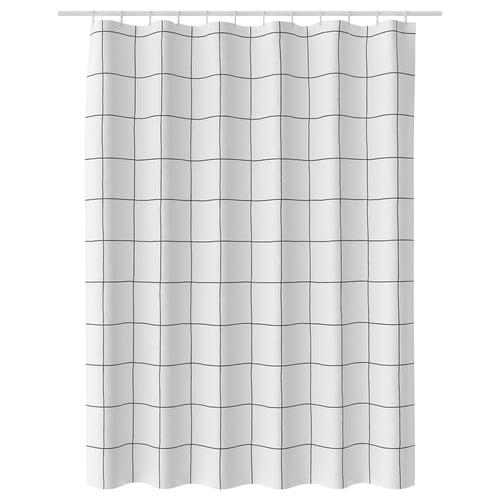 JÄMTSTARR shower curtain, white with dark grey lines, recycled polyester.