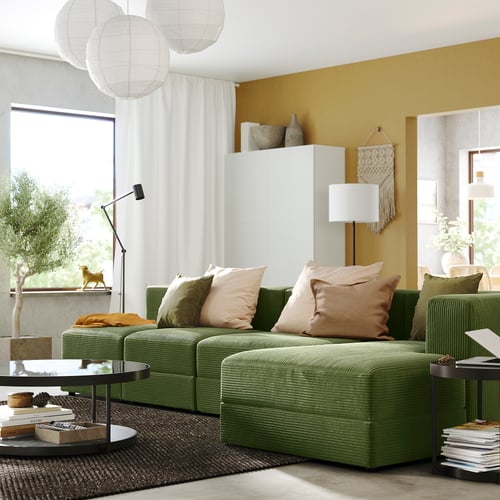 JÄTTEBO 4,5 seater modular sofa with chaise longue, right/Samsala dark yellowgreen IKEA