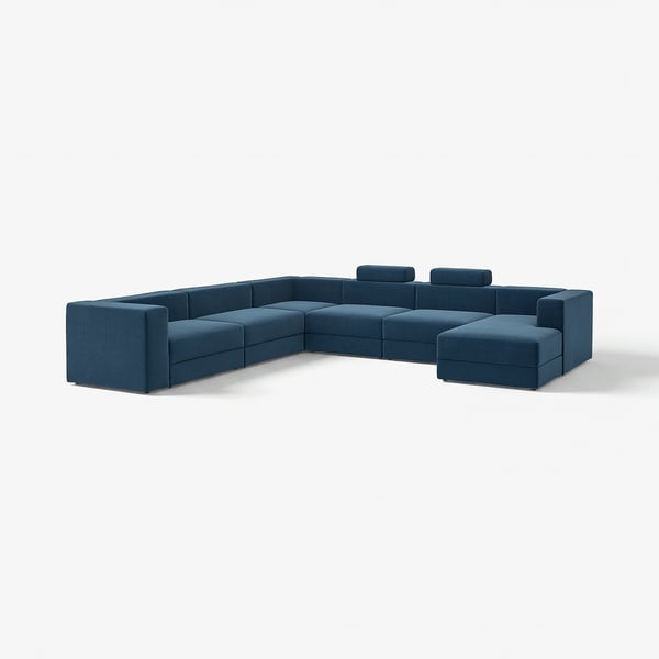 JÄTTEBO U-shaped sofa, 7-seat, with chaise longue, right with headrests/Samsala dark blue