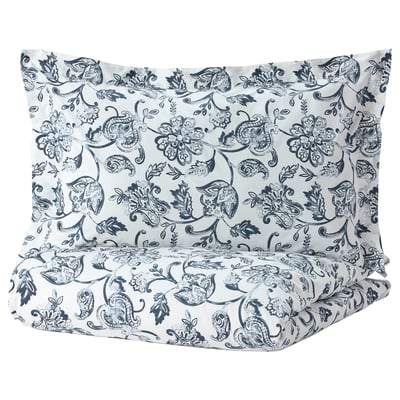 JUNIMAGNOLIA Floral Pattern White/Dark Blue Duvet Cover and Pillowcase ...