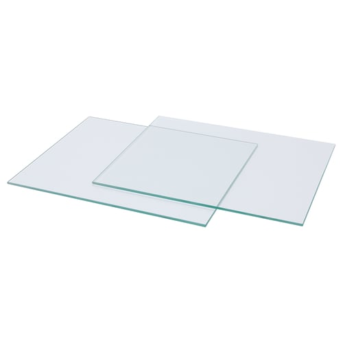 KALLAX glass shelves, clear, square, stackable, modern design.