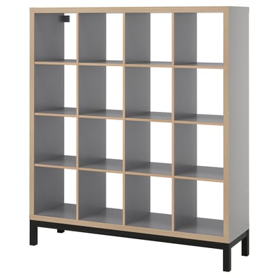 KALLAX: modern grey shelving unit with multiple compartments, wooden edges, and black legs.