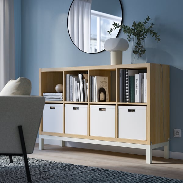 KALLAX cube storage unit with underframe, oak effect/white, 147x94 cm