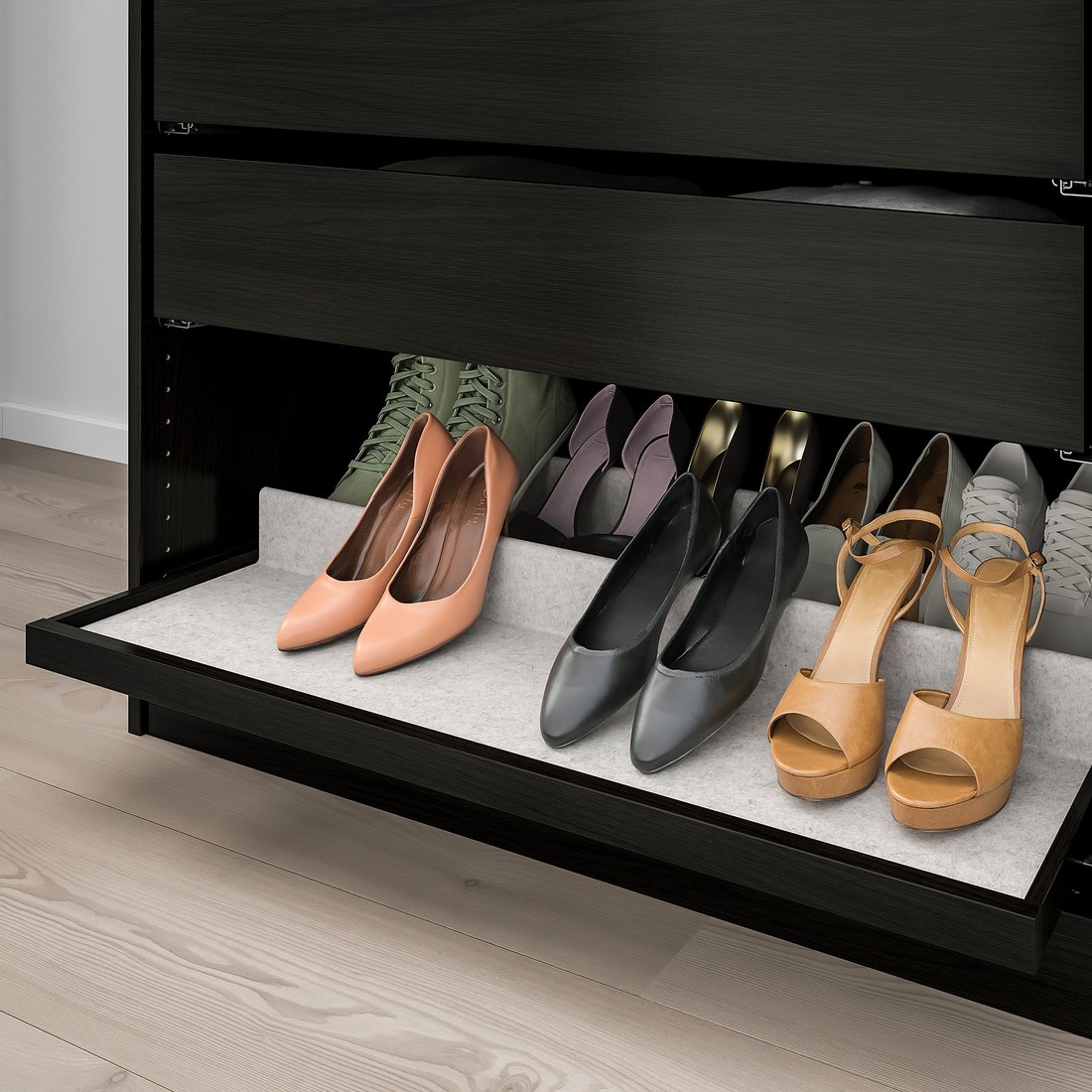 KOMPLEMENT Pullout tray with shoe insert, blackbrown, light grey