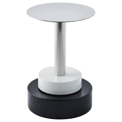 The KONSTRUNDA side table a sleek, modern design with a circular stainless steel top and a stylish black and white base.