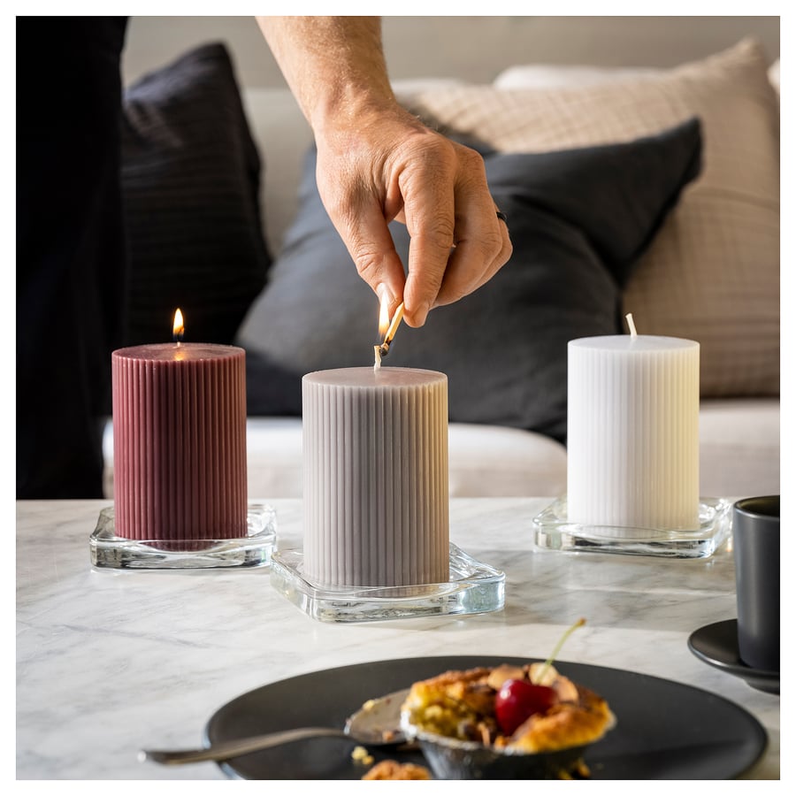 KOPPARLÖNN scented pillar candle, almond & cherry/mixed colours, 30 hr