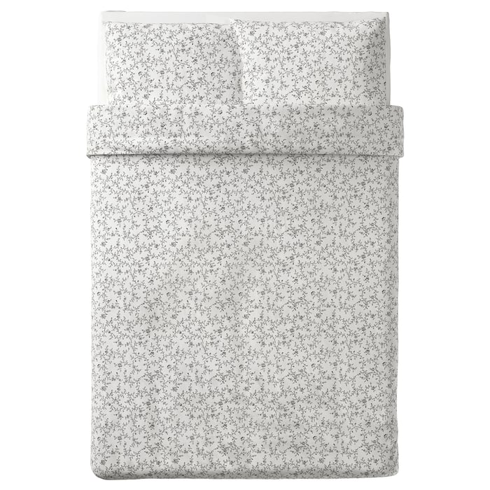 KOPPARRANKA Printed White Dark Grey Quilt cover and Pillowcase Set