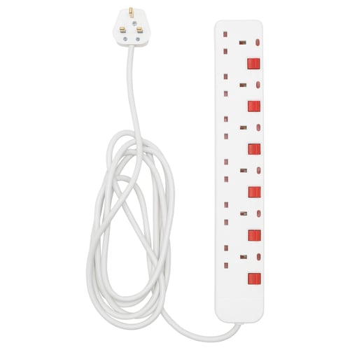 White KOPPLA surge protector with multiple outlets and a long cord. Slim and rectangular shape, made of polypropylene plastic.