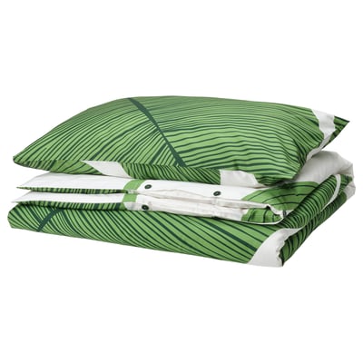 KUNGSCISSUS Duvet cover and pillowcase, white/green, 150x200/50x80 cm