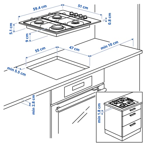 LAGAN Gas hob, stainless steel, 59 cm