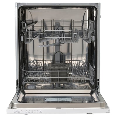 A white dishwasher with an open door, displaying racks inside. It a single handle and a sleek design.