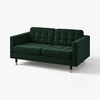 Dark green velvet 2-seat sofa, tufted cushions, wooden legs.