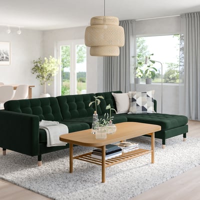 LANDSKRONA 4-seat sofa, with chaise longue/Djuparp dark green/wood
