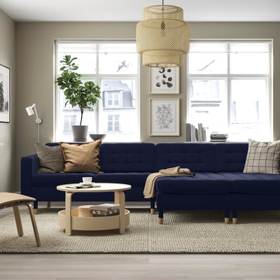 LANDSKRONA 4-seat sofa with chaise longues, Djuparp dark blue/wood