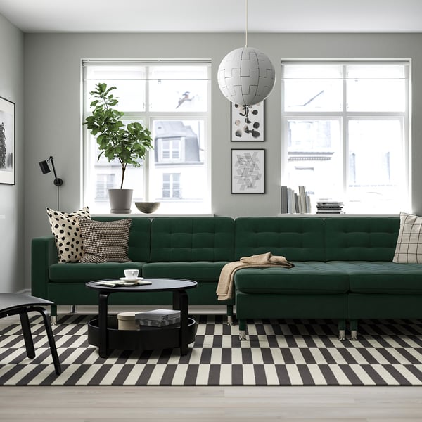 LANDSKRONA 4-seat sofa with chaise longues, Djuparp dark green/metal