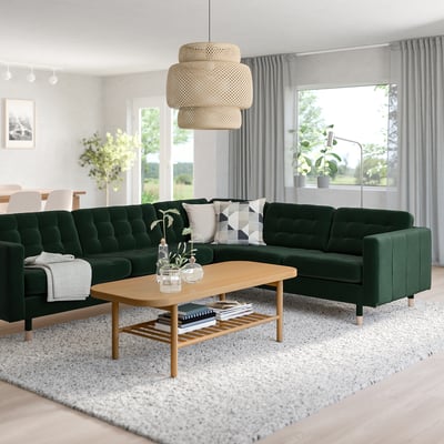 LANDSKRONA Corner sofa, 5-seat, Djuparp dark green/wood