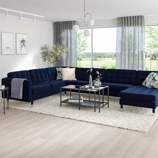 LANDSKRONA Corner sofa, 6-seat, with chaise longue/Djuparp dark blue/metal