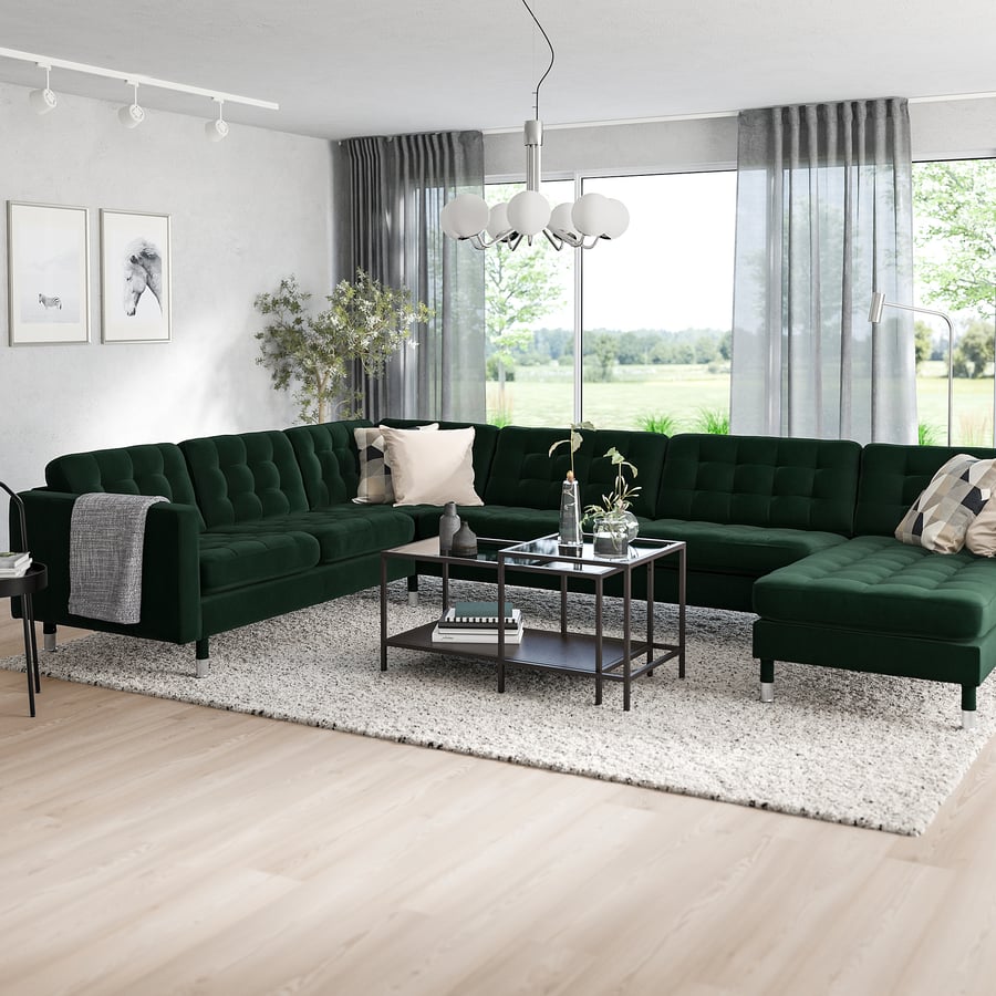 LANDSKRONA corner sofa, 6 seater with chaise longue, Djuparp dark green