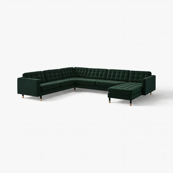 Dark green l-shaped velvet sectional sofa with wooden legs.