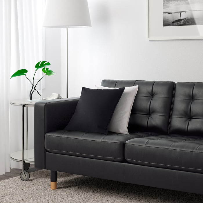 LANDSKRONA 3 seater sofa, Grann/Bomstad black leather with wood legs IKEA