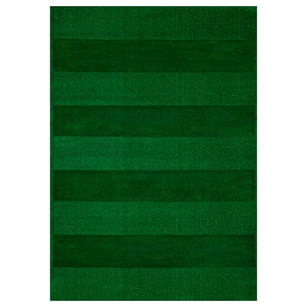 Green striped rug, soft, recycled materials, stripe pattern, warm.