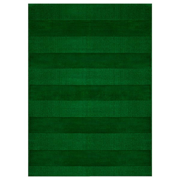 A rectangular, green LANDSVÄG rug with horizontal stripes, made from polypropylene and polyester.