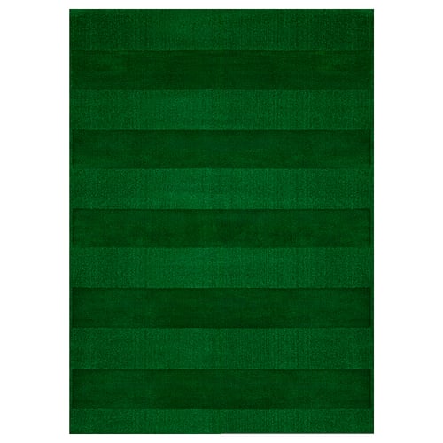 A rectangular, green LANDSVÄG rug with horizontal stripes, made from polypropylene and polyester.