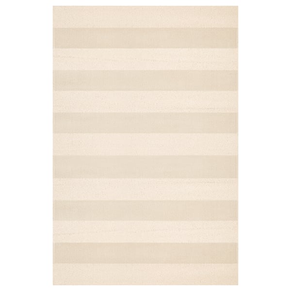 A LANDSVÄG off-white rug. Its soft, low pile has a textured stripe design. Rectangle shape.