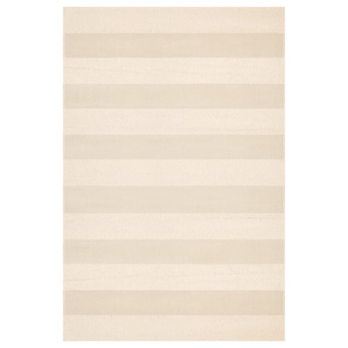 A LANDSVÄG off-white rug. Its soft, low pile has a textured stripe design. Rectangle shape.
