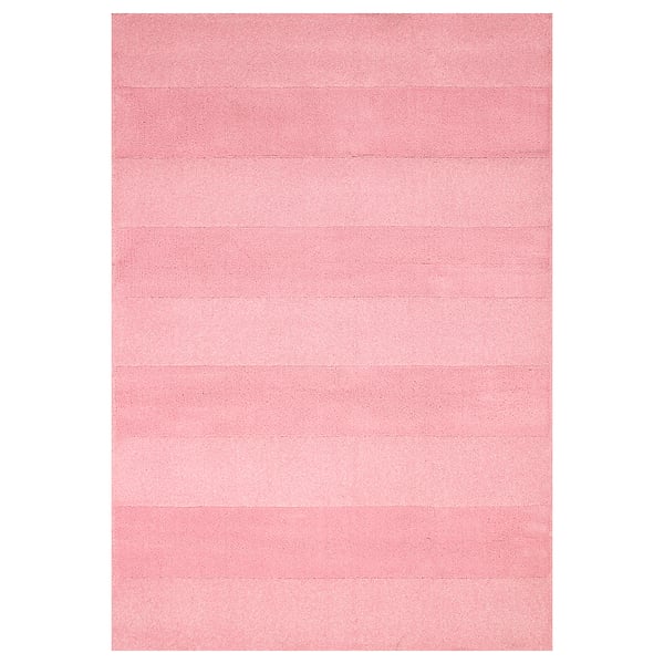 Pink rectangular rug with stripe pattern, soft texture, low pile.