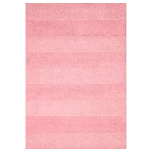 Pink rectangular rug with stripe pattern, soft texture, low pile.