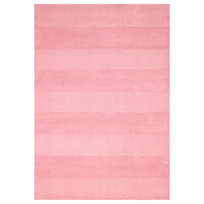 Pink rectangular rug with stripe pattern, soft texture, low pile.