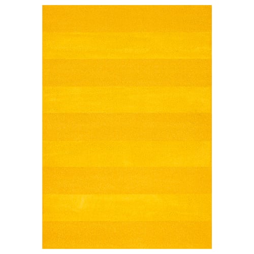A rectangular, yellow, low-pile rug made of polypropylene and polyester, featuring a timeless stripe pattern.