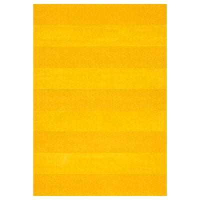 A rectangular, yellow, low-pile rug made of polypropylene and polyester, featuring a timeless stripe pattern.