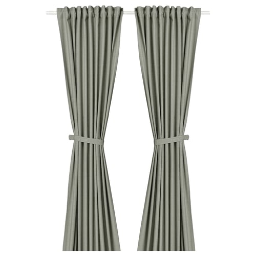 LENDA Curtains with tie-backs, 1 pair - light grey-green/with heading tape 140x250 cm