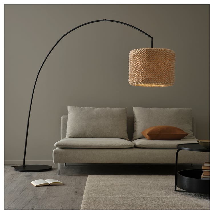 LERGRYN / SKAFTET black, arched floor lamp base with beige lamp shade