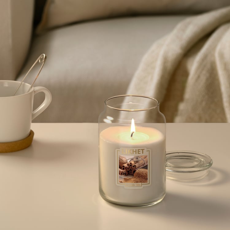 LIKHET scented candle in glass, Cinnamon/natural, 100 hr IKEA