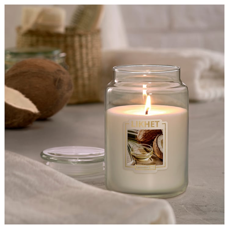 LIKHET scented candle in glass, Coconut/natural, 100 hr IKEA
