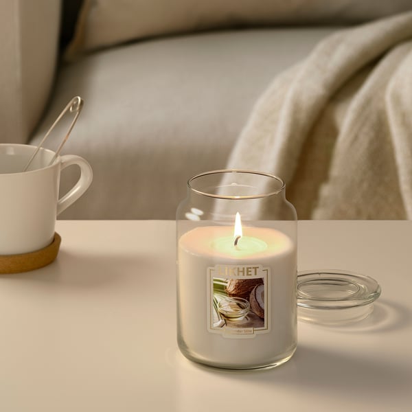 LIKHET scented candle in glass, Coconut/natural, 100 hr IKEA
