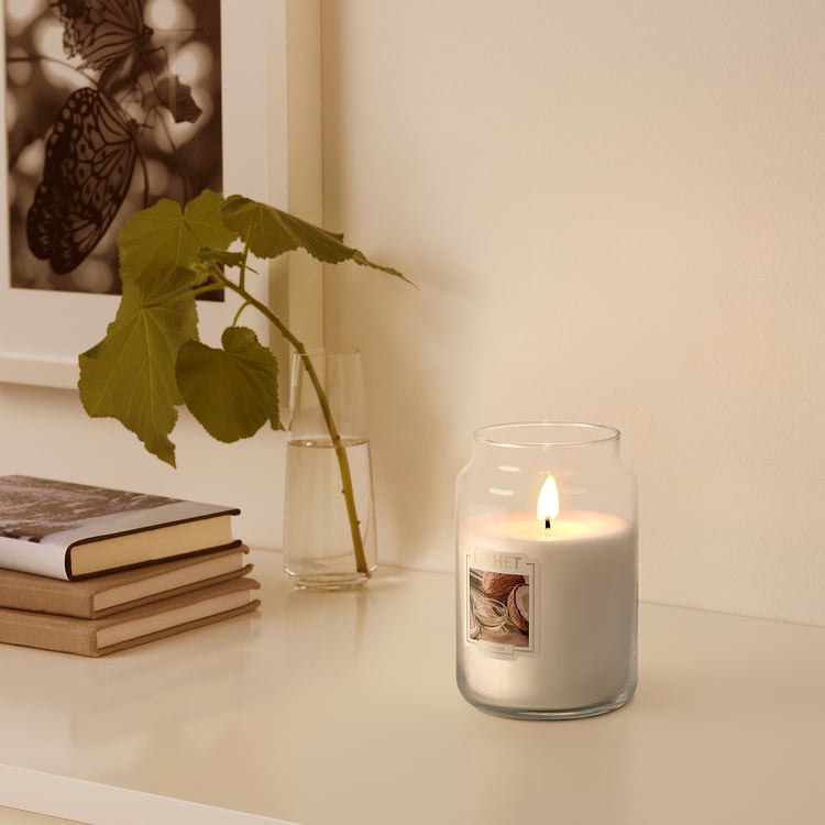 LIKHET scented candle in glass, Coconut/natural, 100 hr IKEA