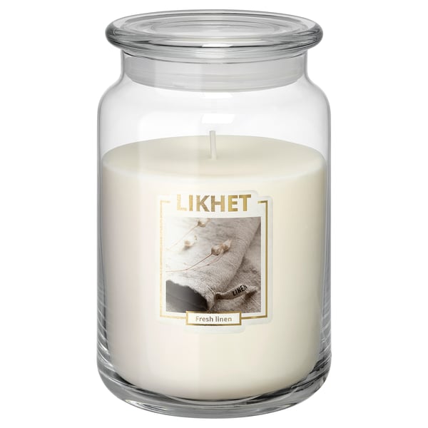 LIKHET scented candle in glass, Fresh linen/natural, 100 hr IKEA