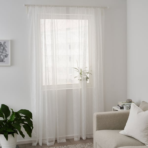 LILLEGERD Sheer curtains, 1 pair, white leaves/with rod pocket, 145x250 cm