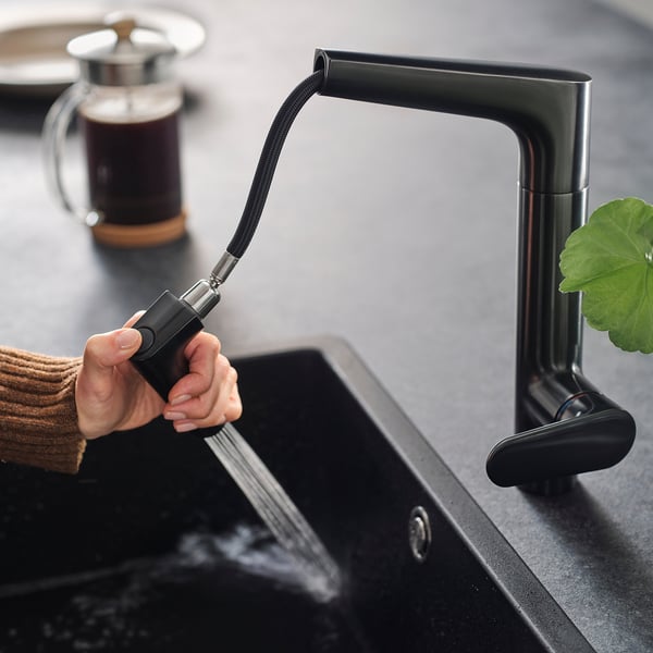 MAJSJÖN Kitchen mixer tap pull out w spray, black